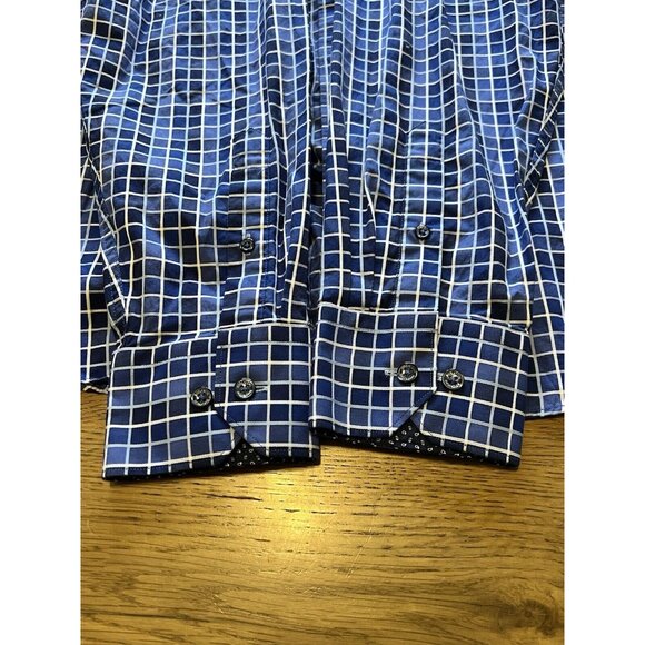 Bugatchi Uomo Shirt Men's Large Blue Checkered Flip Cuff Design Preppy‎ Formal - Picture 15 of 15